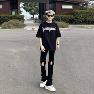 潮韓都破洞牛仔褲男春秋夏季穿搭休閑褲修身直筒褲子高街美式vibe微喇褲 黑色 L