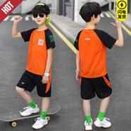 男童套裝冬款長(cháng)款加厚加絨運動(dòng)套裝兒童加絨時(shí)尚保暖衛衣中大童馬甲倆件套學(xué)生春秋四季速干服 橘色短衣短褲套裝 130 碼建議身高120厘米