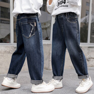 邁兜熊男童牛仔褲男孩2025新款春裝兒童褲子秋冬季中大童休閑一體絨長(cháng)褲 深藍色(SJ6360春秋款) 160