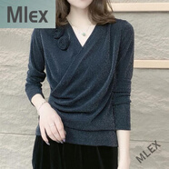 MLEX華文服裝秋季女裝V領(lǐng)洋氣時(shí)尚百搭氣質(zhì)加絨加厚打底衫 黑色 2XL 110-120斤