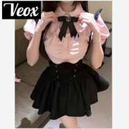 VEOX甜辣綁帶背帶連衣裙女2025夏季新款粉色泡泡袖短袖襯衫辣妹兩件套 [高品質(zhì)]套裝(襯衫+領(lǐng)結(jié)+背 L 【105-120斤】