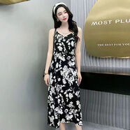 BMOI2025吊帶連衣裙女醋酸緞面碎花裙法式印花連衣裙V領(lǐng)高腰顯瘦長(zhǎng)裙 黑牡丹花 2XL 130-140斤