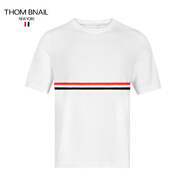 thombnail美式潮牌短袖T恤男女同款中間橫條紋織帶親膚舒適圓領(lǐng)針織半袖衫 白色 XL 3碼
