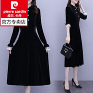 皮爾卡丹（pierre cardin）蕾絲拼接長(cháng)袖金絲絨連衣裙女春秋冬季新款收腰顯瘦中長(cháng)款黑色裙子 黑色 L