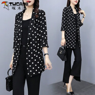 啄木鳥(niǎo)小波點(diǎn)西裝外套女2025年春秋新款胖美美遮肚顯瘦潮百搭上衣服 黑色 L 100-115斤