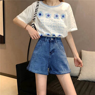 瑟空（SEKONG）2025夏新款女牛仔短褲子闊腿翻邊破洞熱褲小個(gè)子高腰顯瘦短褲HNF 608深藍色 XL