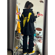 薩姆依  國潮牌前后字母印花oversize高街衛(wèi)衣女學(xué)生秋冬新款寬松ins加絨加厚美式復(fù)古情侶外套 黑色【高品質(zhì)薄款】 M