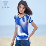 星期悅 絲光棉?；晟繴領(lǐng)夏季短袖T恤藍白條紋體恤?；晟兰哟蟠a 藍色-女裝 男165/S