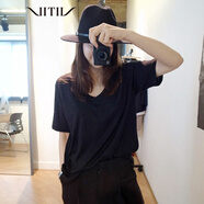 VITIV 香港潮牌竹節棉短袖女T恤 2022新款夏裝韓版時(shí)尚V領(lǐng)簡(jiǎn)約透氣寬松顯瘦百搭白色休閑體恤 黑色 S