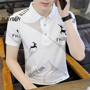 花花公子（PLAYBOY）短袖T恤男士夏季新款polo領(lǐng)衫純棉體恤休閑男裝潮流潮牌翻領(lǐng)T恤衫 2106白色 XL (120-135斤)