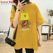 LOVER RUCCI韓國2025新款高級灰中長(cháng)款大版t恤短袖女寬松小熊圓領(lǐng)遮屁股上衣 黃色 M (100-115斤)