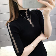 予瑾 高領(lǐng)毛衣半袖毛衫女冰絲針織衫女士春秋季新款中袖薄款半蕾絲拼接打底上衣裝 黑色 均碼