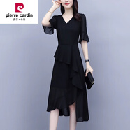 皮爾卡丹（pierre cardin）大I碼女裝遮肚子減齡紗料連衣裙a字夏季2024新款顯瘦雪紡裙子 黑色 M (建議90-100斤)