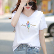 登森奧奧短袖V領(lǐng)T恤女2023夏季女裝新款休閑百搭韓版寬松棉質(zhì)雞心半袖上衣 白色-彩羽毛 2XL （建議125-136斤）