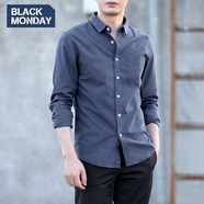BLACKMONDAY純棉長(cháng)袖襯衫男秋季新款韓版修身免燙純色商務(wù)休閑男士襯衣 煙灰藍（有領(lǐng)扣） L (175)