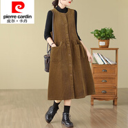 皮爾卡丹（pierre cardin）文藝燈芯絨背心裙女秋冬加厚休閑單排扣疊穿無袖條絨連衣裙小個(gè)子 卡其色 M [建議90-105斤]