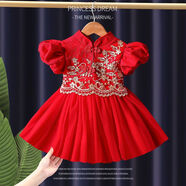 鸞雀翔一周歲女寶寶周歲生日禮服抓周服幼兒裙子兒童晚禮服女童公主紗裙 紅色金花蕾絲泡泡袖公主裙 90 建議身高85-95體重22-27斤
