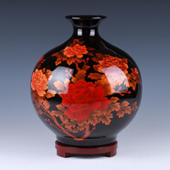 悅靈美 景德鎮陶瓷現代新中式家居紅牡丹花瓶插花擺件大號客廳電視柜裝飾品酒柜瓷器擺件 水晶釉黑色牡丹石榴瓶+木底座