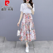 皮爾卡丹品牌高檔女裝 套裝裙兩件裝洋氣2022新款夏天女甜美顯瘦碎花半身裙雪紡連衣裙子針織 6053#白上衣+紅碎花套裝裙 S (建議80-95斤)