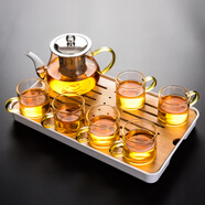 瓷牌茗茶具（cipaiming teaset） 透明玻璃茶具整套套裝家用功夫茶壺茶杯會(huì)客泡茶器 金把八駿壺6金把杯+小長(zhǎng)方盤