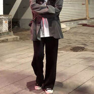 夢史怡褲子ins女原宿風(fēng)闊腿褲高腰墜感寬松顯瘦直筒褲秋冬休閑拖地長褲 黑色長褲 【款】 常規(guī) M 100-110斤