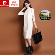皮爾卡丹（pierre cardin）長款羊毛連衣裙女秋冬新款加厚高領(lǐng)打底裙配大風(fēng)衣內(nèi)搭毛衣裙 米白 半高 XL 適合120-129斤