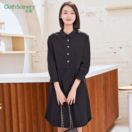 布景連衣裙女新品秋季簡(jiǎn)約紐扣后領(lǐng)蝴蝶結(jié)設(shè)計(jì)襯衫領(lǐng)裙子女 黑色 M