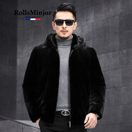 勞斯名爵男裝貂皮大衣皮草男進(jìn)口整貂水貂外套連帽天鵝絨短款爸爸裝大衣 黑色 XL (175)