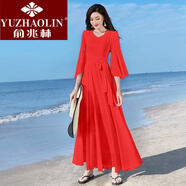 俞兆林（YUZHAOLIN）新品2024雪紡連衣裙女秋氣質收腰顯瘦長款大擺海邊度假沙灘長裙子 紅色 2XL