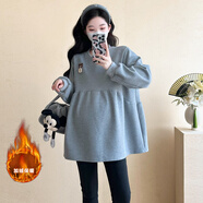 孕婦裝上衣秋冬季大碼長(cháng)袖衛衣加絨加厚冬天寬松遮肚娃娃衫冬裝女 灰色（加絨上衣） XXL（150-170斤穿）