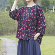 凌菲小姐（MISS LING FEI）棉麻女裝 亞麻高檔上衣夏秋印花外套圓領(lǐng)套頭娃娃衫七分袖寬松遮 如圖39號色 均碼 90-145斤