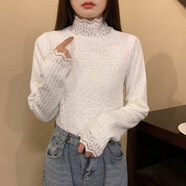 KAHTOP 2025秋冬新款蕾絲打底衫女加絨加厚高領(lǐng)秋冬純色小衫內搭女裝DJC 磨毛白色 薄款 S (建議85-95斤)
