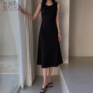 百洛安圓領無袖黑色背心裙女2025夏新款簡約顯瘦中長款舒適連衣裙 黑色 M