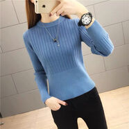 貝吉棋針織衫女半高領(lǐng)高腰短款毛衣矮小個(gè)子修身顯瘦坑條上衣打底衫 天藍色 L 110-120斤