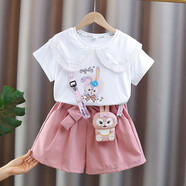 小咕嘟熊童裝女童套裝夏裝兒童套裝POLOT恤褲裙兩件套運動(dòng)休閑女孩服裝 粉白+包包 110