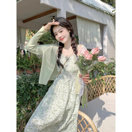 妍莉芬（yanlifen）茶歇法式碎花吊帶裙子女夏季2025新款仙氣森系甜美連衣裙兩件套 523綠色開衫+綠色吊帶裙 M