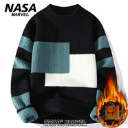 NASA MARVEL撞色拼接毛衣男冬季新款韓版潮流休閑百搭寬松針織衫 黑色（加絨） XL （約120-135斤可穿）