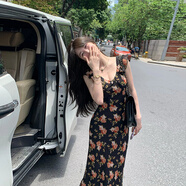 GARNUO黑色碎花小飛袖連衣裙女夏季法式高級感裙子收腰顯瘦雪紡吊帶長(cháng)裙 黑色 S【85-100斤】