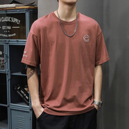 智兜兜笑臉短袖t恤男寬松男士純棉半袖體恤刺繡休閑上衣男生大碼打底衫 磚紅色 S 90-105斤