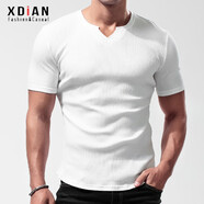 續(xù)點羅紋短袖t恤男士V領前短后長棉透氣彈力緊身修身健身打底衫夏季潮 白色 L 碼112-130斤左右修身版型
