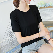 尚簡紛ins莫代爾T恤女短袖夏季寬松五分袖顯瘦純色小圓領(lǐng)體恤打底衫上衣 黑色圓領(lǐng)短袖 L 【建議105-120斤】