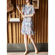 shunya 香港潮牌 碎花連衣裙2022年新款韓版寬松遮肉顯瘦荷葉邊小個(gè)子印花雪紡裙子 藍底花色 L