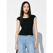 太平鳥(niǎo)女裝修身撞色T恤女短袖夏U領(lǐng)時(shí)尚簡(jiǎn)約通勤小上衣 黑色 S