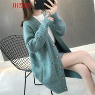 她風(fēng)采 春秋季針織開衫中長(zhǎng)款寬松毛衣外套女2021新款加厚韓版針織衫外 緑色 L