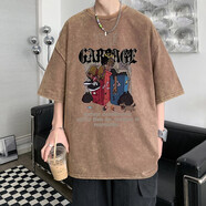 喜杰頓歐美高街hiphop水洗做舊t恤男款夏季美式西海岸260g重磅復(fù)古短袖 棕色 XL