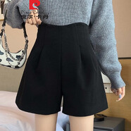 皮爾卡丹（pierre cardin）毛呢短褲闊腿靴褲女秋冬季2025新款顯瘦a字加厚咖色呢子外穿褲裙 黑色 S