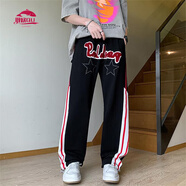 取歐（QUOU）春秋季條紋美式可束腳運動(dòng)褲星星字母嘻哈衛褲高街潮寬松男女長(cháng)褲 黑色 M