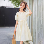 方糖姑娘初中生連衣裙夏季2025新款大童甜美民族風(fēng)高中學(xué)生小清新公主裙潮 24285DYR米色連衣裙 S（80斤以內(nèi)）