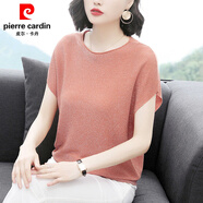 皮爾卡丹2025夏季新款冰絲針織衫寬松蝙蝠衫短袖大i碼女裝套頭薄款亮絲上 橘紅色 XL