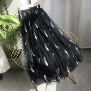 秋天的裙子長(cháng)裙秋冬黑色網(wǎng)紗半身裙中長(cháng)款女甜美高腰a字裙紗裙蓬蓬裙中長(cháng)裙 羽毛刺繡款黑色 90cm裙長(cháng)